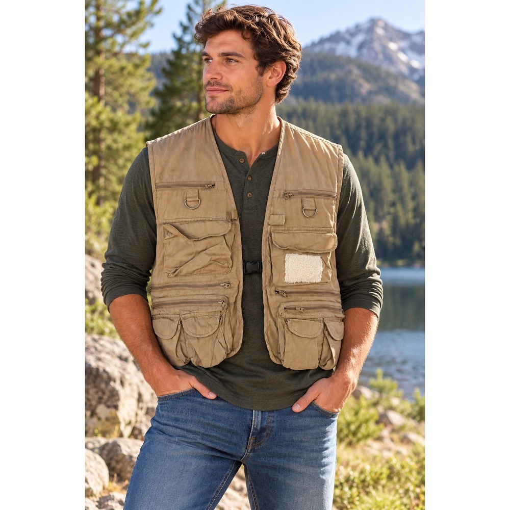 VTG Crystal River Fly Fishing Vest Khaki Multi Pocket Utility Gorpcore Mens XL
